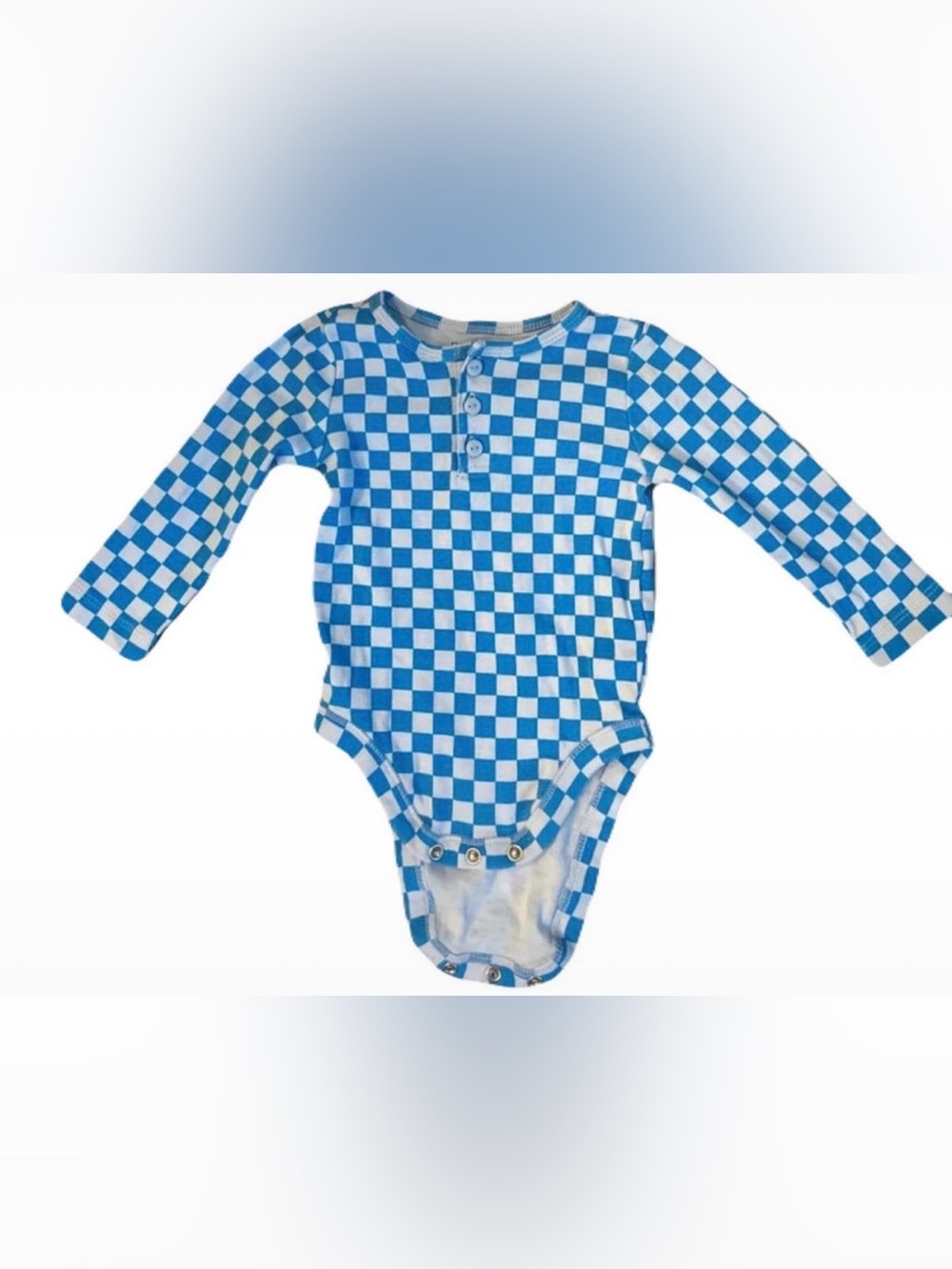 Old Navy Blue and White Checkered Long-Sleeve Baby One-Piece 6-12m
